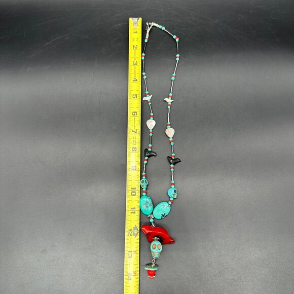 Vintage Native American Turquoise Coral Necklace Fetish Birds Skulls Chunky Bead - Picture 10 of 10